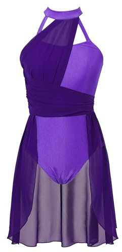 Agoky Abito da Pattinaggio Artistico sul Ghiaccio Donna Chiffon Patchwork Vestito Danza Classica Abito da Ballo Leotards Body da Balletto Senza Manica Jazz Danza Moderna Viola Scuro M