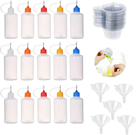 25 bicchieri usa e getta, 15 flaconi da 30 ml, con 5 mini imbuti, flaconi in plastica con tappi per punta ad ago, per colla, liquido, olio, fai da te, pittura acrilica (multicolore)