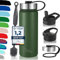 Milu Edelstahl Trinkflasche 500ml, 750ml, 1000ml (+3 Deckel) - Thermosflasche mit Strohhalm, Isolierte Wasserflasche, Auslaufsichere Isolierflasche doppelwandig, Kohlensäure geeignet (Olivgrün, 500ml)