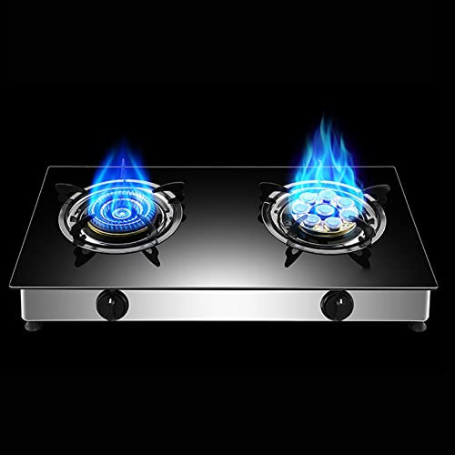 IBOWZ Placa de Gas Estufa De Gas De Mesa De Vidrio Templado Negro De 3,4 KW, Estufa De Gas Liviana Portátil para Acampar De 2 Quemadores, para Calentar, Cocinar, Hervir, Freír, Cocer A Fuego Lento