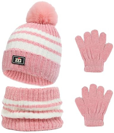 Waylipun Kinder Wintermütze Schal Handschuhe Set, 3 in 1 Warme Streifen Strickmütze Loop Schal Handschuhe Set mit Plüsch Innenfutter für 3-8 Jahre Kinder Jungen Mädchen (Rosa)