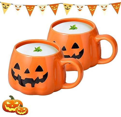 Nexoria 2 tazze di zucca di Halloween, in ceramica, per Halloween, per il latte, per l'autunno, per Halloween, per il giorno del Ringraziamento, per l'autunno, per feste