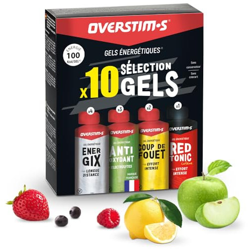 Overstim.s – Pack 10 gels - 4 gels Energix (Energie longue distance) - 3 gels Antioxydants (Limite les crampes) - 2 gels Coup de fouet (Energie instantanée) - 1 gel Red tonic (Efforts intenses)