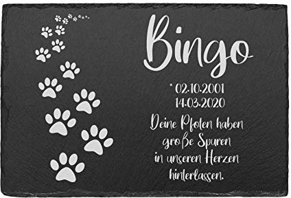 Tiergrabstein Grabplatte aus Schiefer Gedenkstein mit individueller Gravur Gedenktafel für Hunde und Katze und andere Haustiere Grabstein Grabschmuck personalisiert mit Ihrer Wunschgravur Pfotenspur