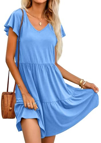 HOTOUCH Womens Summer Dress Ladies Casual Dresses with Pockets Short Sleeve V-Neck Sundress Ruffle Beachdress Light Blue M