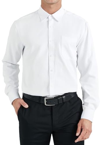 HISDERN Mens White Shirt Long Sleeve Dress Shirts for Men Adult Formal Button Down Smart Casual Regular Fit Business with Pocket 2XL