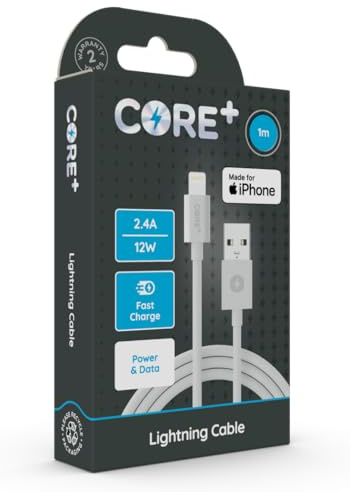 CORE + | 1M 8-Pin to USB A iPhone Charger Cable 2.4A 12W | Fast Charging | Compatible with iPhone, iPad, Airpods + Pro Max | iPhone 15, 14, 13, 12, 11, 10, SE & All Models 5+ (1 x 1M 12W MFI Approved)