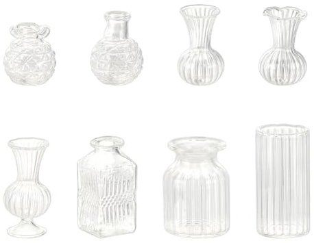 GOMAKERER 8 Stück 8 Stile Miniatur-Puppenhaus-Glasvase, klare Mini-Glasvasen, Puppenhaus-Dekoration, Zubehör, Puppenhaus-Möbel für Heimwerker, Basteln, Hausmodell