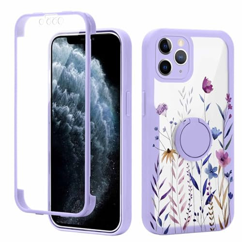 Yoedge Kickstand Phone Case for iPhone 11 Pro 5.8, 360°Rotatable Magnetic Ring Holder Cases,Full Body Shockproof Silicone TPU Back Cover with Built-in Screen Protector,Color Flower