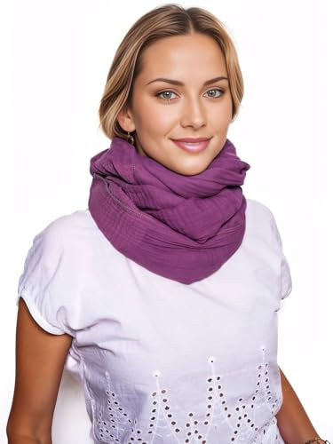 Scandi Linen Musselin Loop Schal Damen, Schlauchschal, Schlauchschal Damen, Musselin Schal Damen, Loop Schal Damen Sommer Leicht, Loop Schal (DunkelPurple)