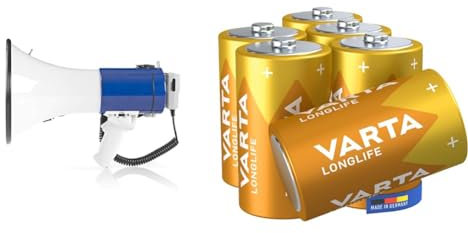 Nedis - Megafono - Microfono Staccabile - Sirena Integrata - 25 W - Tracolla & VARTA Longlife Batterie D Mono LR20 (pacco da 6) Batteria alcaline – Made in Germany