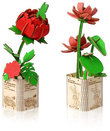 Cuteefun 3D Holz Puzzle Blume Topfpflanzen Modellbausätze für Erwachsene zum Bauen, Hölzerne Konstruktion Bausätze Pfingstrose und Lotus Dekoration Geschenk für Vatertag Geburtstag Weihnachten