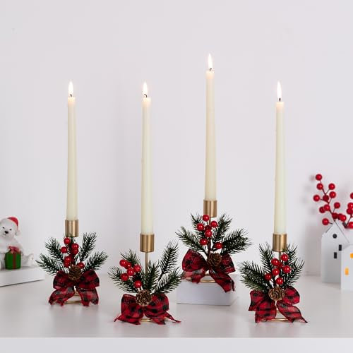 Romadedi Gold Kerzenständer für Weihnachten Deko: 2er Set Kerzenhalter Stabkerzenhalter für Stabkerzen Weihnachts Tischdeko Adventskranz Tisch with Rote Beeren Tannenzapfen