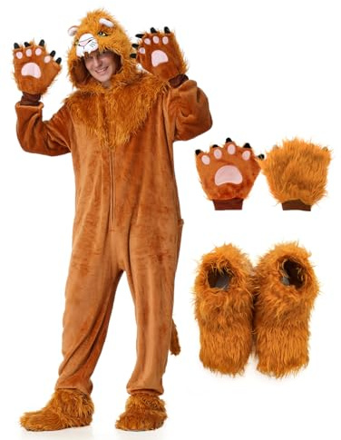KUKIKUKI Löwe Kostüm Erwachsene Tier Einteiler Unisex Löwe Pyjamas Halloween Party Onesie Cosplay Dress Up Jumpsuit für Männer Frauen (DE/NL/SE/PL, Alphanumerisch, XXL, Regular, Regular, BraunGelb)