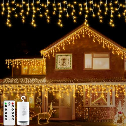 DBFAIRY Weihnachten Eiszapfen Lichter Außen 6M 300 LED Vorhang Lichterkette Batteriebetrieben mit Fernbedienung 8 Modi Eiszapfen Lichterkette für Fenster Pavillon Balkon Dach Dekor - Warmweiß