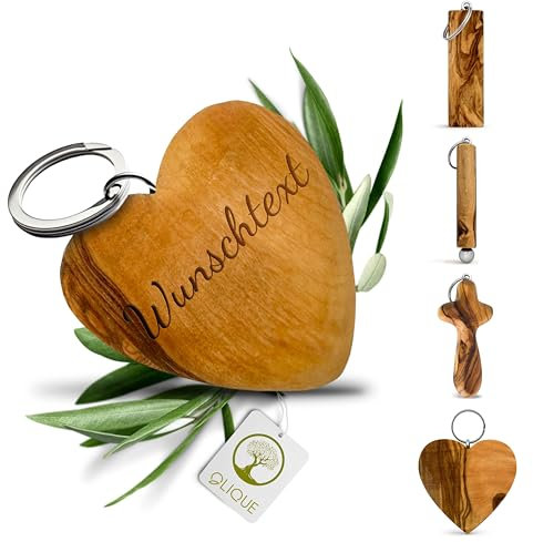 Schlüsselanhänger personalisiert, Olivenholz - Handgemachter Anhänger mit Gravur als individuelles Geschenk (Herz 3D)