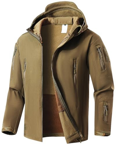 WINKEEY Chaqueta Softshell Hombre Invierno Senderismo al aire Libre Repelente al Agua Camo Chaqueta Táctica Forro Polar a Prueba de Viento Chaqueta de Caza Caliente para los Hombres,Caqui 2XL