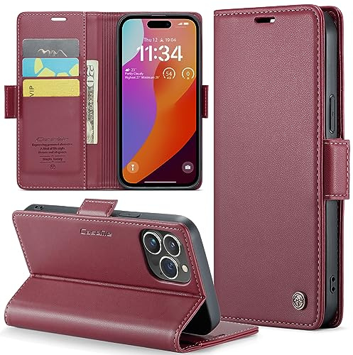 Phernykas Wallet Case for iPhone 15 Pro Max, Magnetic Flip | 3 Card Slots, Faux Leather RFID Blocking Card Holder Flip Wallet with Kickstand, Side Magnetic Clasp, Premium Cover,Red