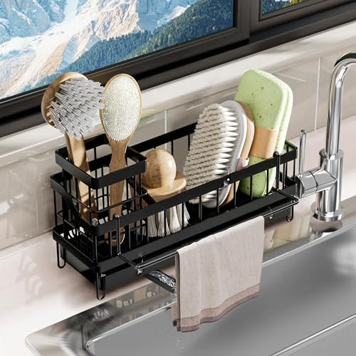 YC Kitchen Spülbecken Organizer Küchen, Küchenorganisator mit Handtuchhalter, Schwammhalter, Lappenhalter, Spülmittel, mit Abfluss, ohne Bohren aufhängbar, Doppelnutzung, Schwarz