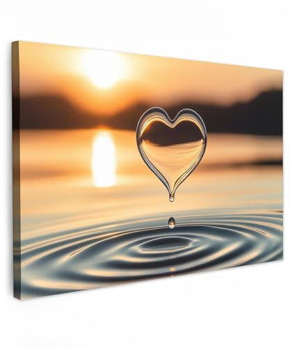 MuchoWow© Impression sur Toile Decoration Murale Peinture 120x80 cm Tableaux Art Décoratif Muraux Décoration Chambre Coeur - Eau - Coucher de soleil - Nature - Zen
