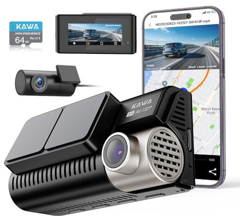 KAWA Echt 4K Dashcam Vorne Hinten, AI-ISP Echtfarben-Nachtsicht, 3.16 IPS Bildschirm, GPS, G-Sensor, AI Parkplatz Bewegungserkennung, WDR, UHD 4K+1080P Dashcams mit 64G Micro SD Karte, D11