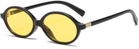 JCTAIFOO Retro Kleine Ovale Sonnenbrille für Damen Herren Vintage Runde Brille mit goldener Metallverzierung Schwarz/Gelb
