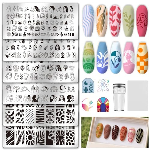 UNICRAFTALE 6 Stück Nagel Stempelset Abstraktes Damengesicht Nagelstempelplatte Boho Pflanzenstempelvorlagen Bild Nagelschablonen Nagelkunstplatten Nagelschaber Für Frauen DIY Nageldesign Werkzeuge