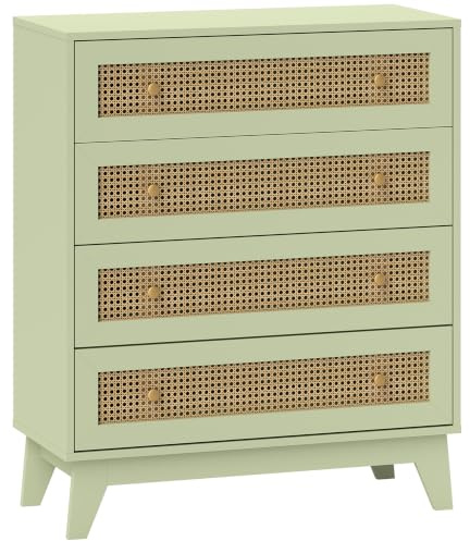 HOMCOM Rattan Chest of Drawers 4 Drawers with Tapered Legs, Light Green | Storage Unit, Bedroom Storage Organiser Dresser, for Bedside, Entryway, Hallway, Living Room