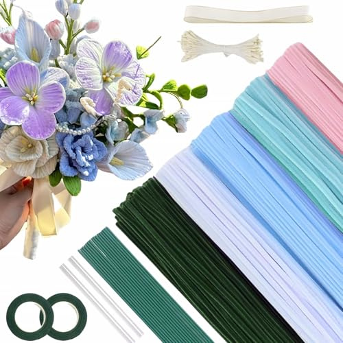 400Pcs Pipe Cleaners for Crafts Flower Chenille Stems DIY Flower Making Kit | with Floral Wires, Tape, Stamen & Ribbon, Pipe Cleaner for Tulip Bouquet, Fuzzy Sticks Arts & Crafts Supplies (Colourful)