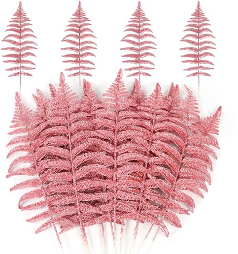 MWOOT 16 Stück Weihnachten Künstliche Farne Pflanzen, Glitzer Künstliche Blätter Rosa, Gefälschte Künstliche Zweige DIY Zubehör für Girlande Kranz Weihnachtsbaum Blumenstrauß Haus Garten Dekoration
