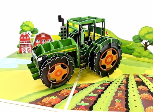 3D Pop-Up Karte Traktor Grußkarte, Bauernhof-Szene, 15x20cm, mit Umschlag und Hülle, Geburtstagskarte für Kinder und Landwirte