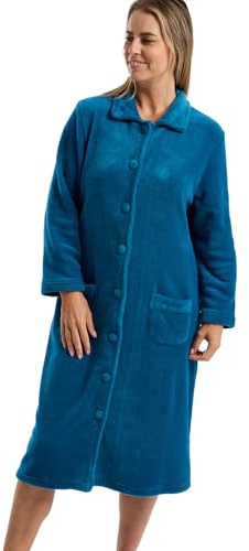 Marlon Ramona Robe de chambre confortable en polaire corail pour femme - Robe douce et chaude avec fermeture à boutons ou à glissière, col Claudine et poches, Bleu Sarcelle, 40-42