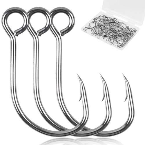 Inline Single Hooks 80pcs Replacement Fishing Single Hooks High Carbon Steel Large Eye Inline Circle Hooks for Spoon Spinner Lure Baits Saltwater Freshwater