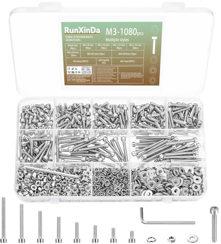 RunXinDa1080 Stück M3 Schrauben Muttern Sortiment Set: Edelstahl Maschinenschrauben Set mit Sechskant-, Zylinderkopf- und Innensechskant-Gewindeschrauben, inklusive Unterlegscheiben