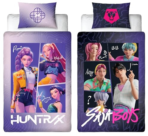 Offiziell Lizenziertes K-Pop-Demon-Hunters-Bettwäscheset mit Einzelbettbezug | Wende-Bettwäsche von Unite Design mit passendem Kissenbezug | Ideal für Kinderzimmer | Poly-Baumwolle