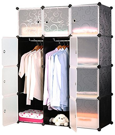 HENGMEI DIY Kleiderschrank Garderobenschrank Steckregalsystem Regalsystem 12 -Kubus Ordnungssystem Schuhschrank Kleiderschrank mit Tür (Schwarz)