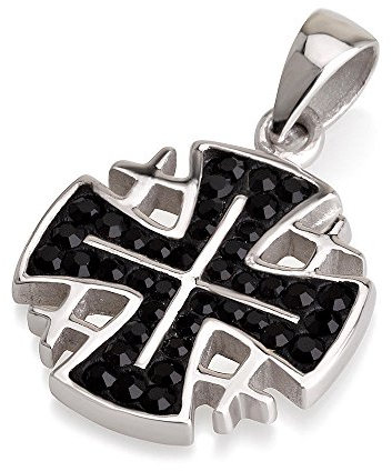 Jerusalem-Kreuz-Anhänger schwarze Edelsteine Sterling Silber 925