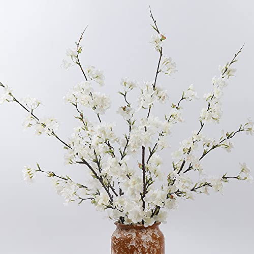 LESING 4 fiori di ciliegio artificiali, rami di ciliegio in finta seta, alti fiori di pesco, decorazione per matrimoni, casa, ufficio, feste (bianco-1)