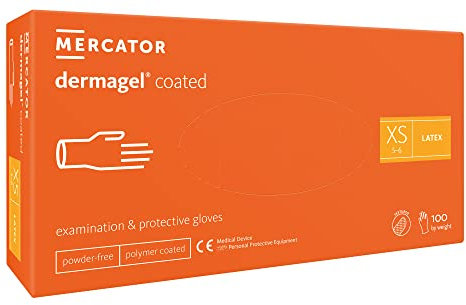 MERCATOR MEDICAL Latexhandschuhe DERMAGEL COATED, Größe: XS - 100 Stück, Einweghandschuhe, puderfreie Schutzhandschuhe, durchsichtige Einmalhandschuhe