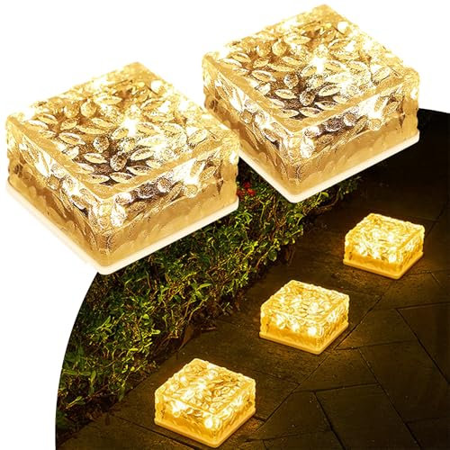 MEDOYOH 2er-Set Solar Glas Pflastersteine Außenleuchte, Warmweiß Licht On/Off Lichtsensor Wegbeleuchtung Wasserdicht Bodenstrahler Solar für Patio Garten Hof Weg Terrasse, 105x105x55mm