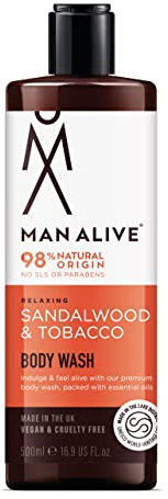 MAN ALIVE Shower Gel for men, 500ml mens body wash & face wash contains a masculine scent, Vegan, SLS Free & sulfate free formula. ideal mens grooming gifts for men (Sandalwood & Tobacco, Single)