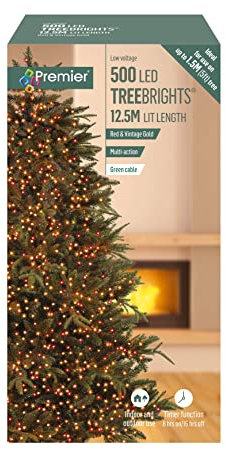 Premier 500 LED Christmas Tree Lights for A 5ft Tree Multi Action Cluster with Timer Red & Vintage Gold Colour
