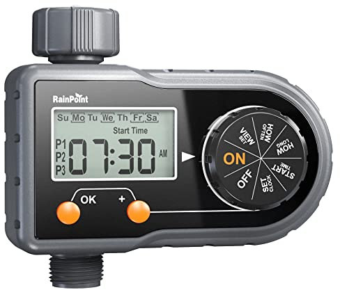 RAINPOINT Centralina Irrigazione, Timer Irrigazione Digitale con 3 Programmi di Irrigazione al Giorno, Programmatore Irrigazione a Batteria per Giardino Prato