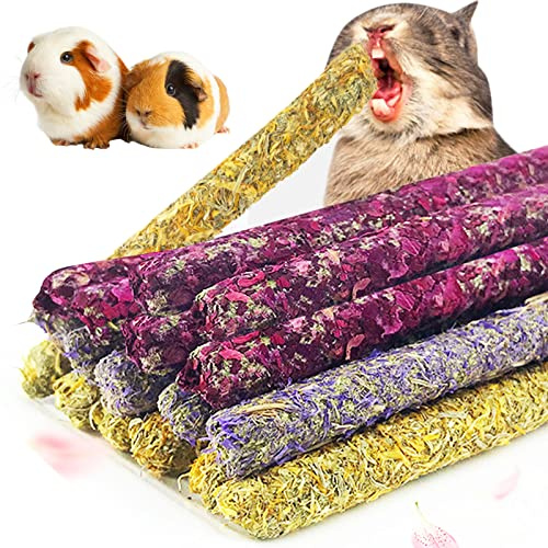 SUPJADE 20Pcs Guinea Pig Rabbit Food Treats Toys Timothy Hay Sticks Natural Flowers Flavored Molar Snacks Food for Small Animal Hamsters Accessories Boredom Breakers