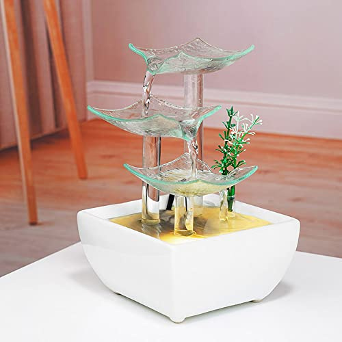Fontana da tavolo in ceramica e vetro per interni e decorazione domestica, scrivania, ufficio, patio, bianco