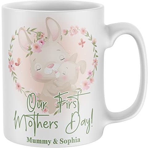 Purple Print House Personalised Our First Mothers Day Mug with Rabbit Custom 1st, Coffee Cup, One Size, White