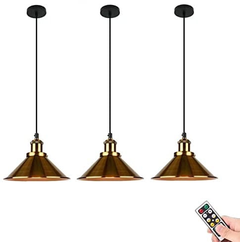 RXQ 3 Packs Industrial Pendant Light,Ceiling Hanging Light Battery Operated with Remote,Indoor Adjustable Chandelier Pendant Lighting Fixture for Home Dining room Restaurant Kitchen Island, Gold