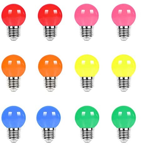 UYHGO Bunte Glühbirnen E27 LED Birne Bunt Farbige Glühbirne, 1W G45 Farbig Leuchtmittel Lampe, Rosa, Orange, Rot, Gelb, Blau, Grün für Party, lichterkette, Deko Weihnachten, 12er-Pack