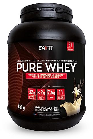 EAFIT Whey Vanille | Proteine | 85% de protéines Whey+7,6g de BCAA/shaker+magnesium | Musculation, Maintien et construction de la masse musculaire| Whey protein pour le sport | 850g