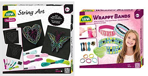 Lena 42650 - Bastelset String Art Schmetterling und Herz, Komplettset für 2 Fadenbilder, 21, 5 x 21, 5 x 1 cm & Bastelset Wrappy Bands, Komplettset für mindestens 3 Wickelarmbänder mit 7 Silikonbänder